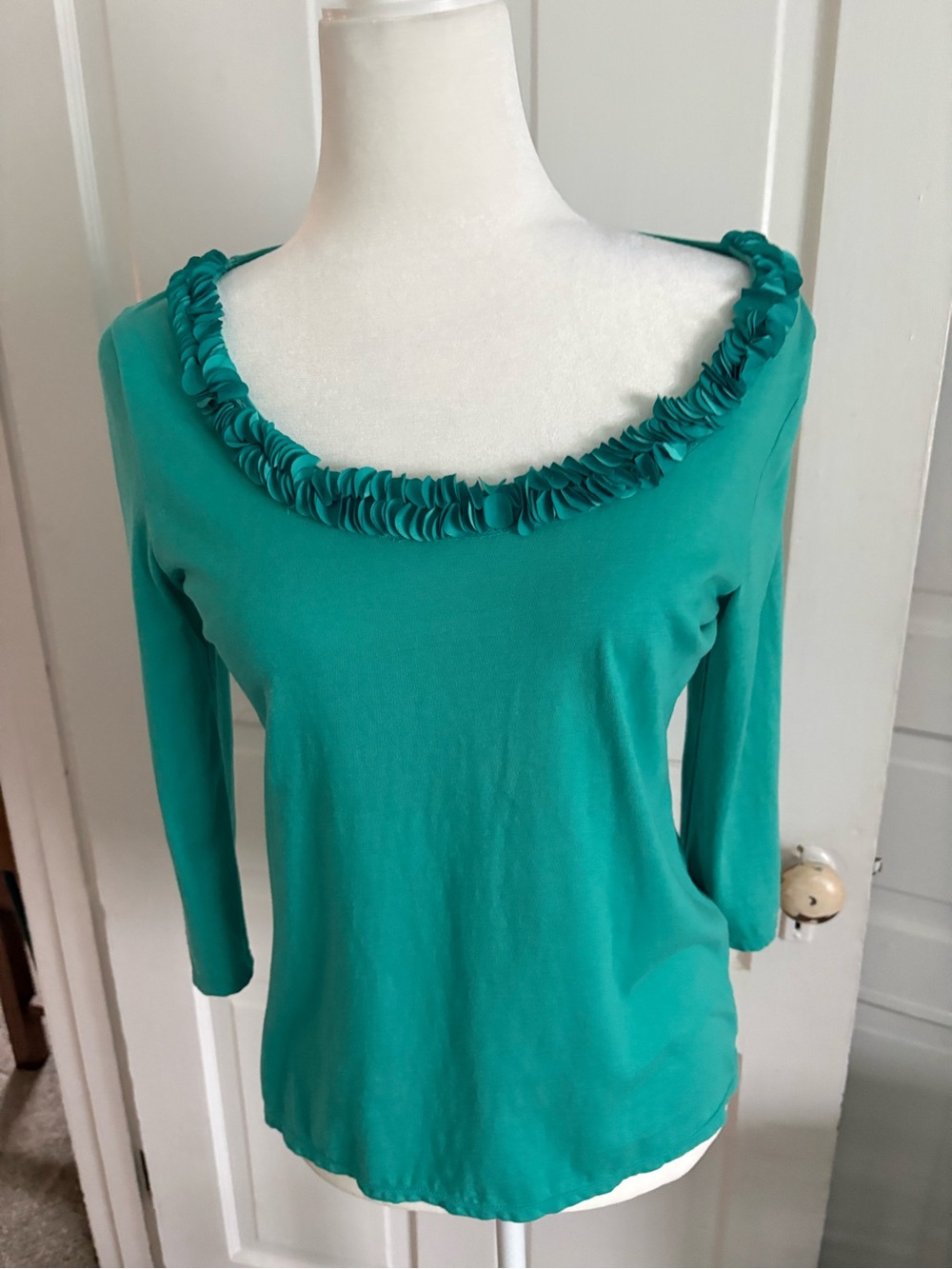 Talbots Teal Ruffle-Trim Scoop Neck Long Sleeve Top
